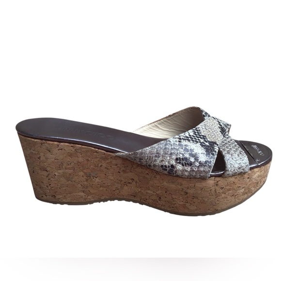 Jimmy Choo Snakeskin- Embossed Leather Cork Wedge Sandals - Picture 4 of 11